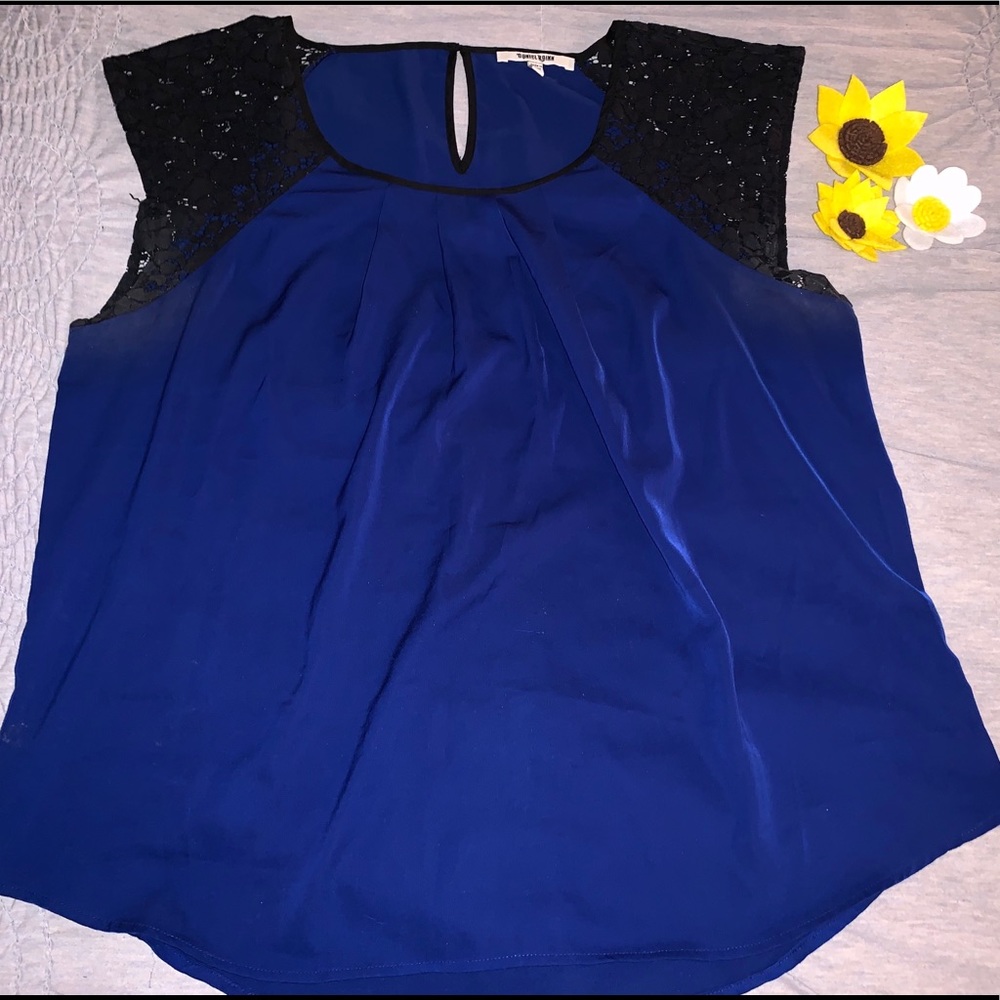 Blue Blouse With Lace Cap Sleeves